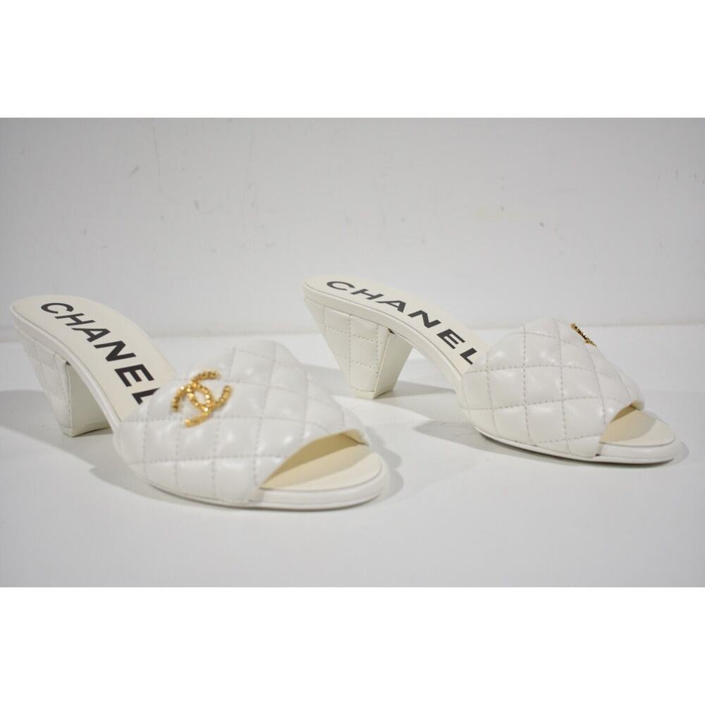 Chanel REV White Lambskin Quilted CC Gold Logo Cone Heel Mule Slide Sandal 38 - Picture 3 of 12